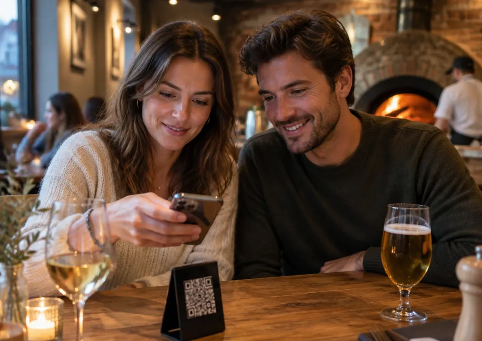 Een koppel in een pizzeria bestelt met de gsm via de QR-code op hun tafel